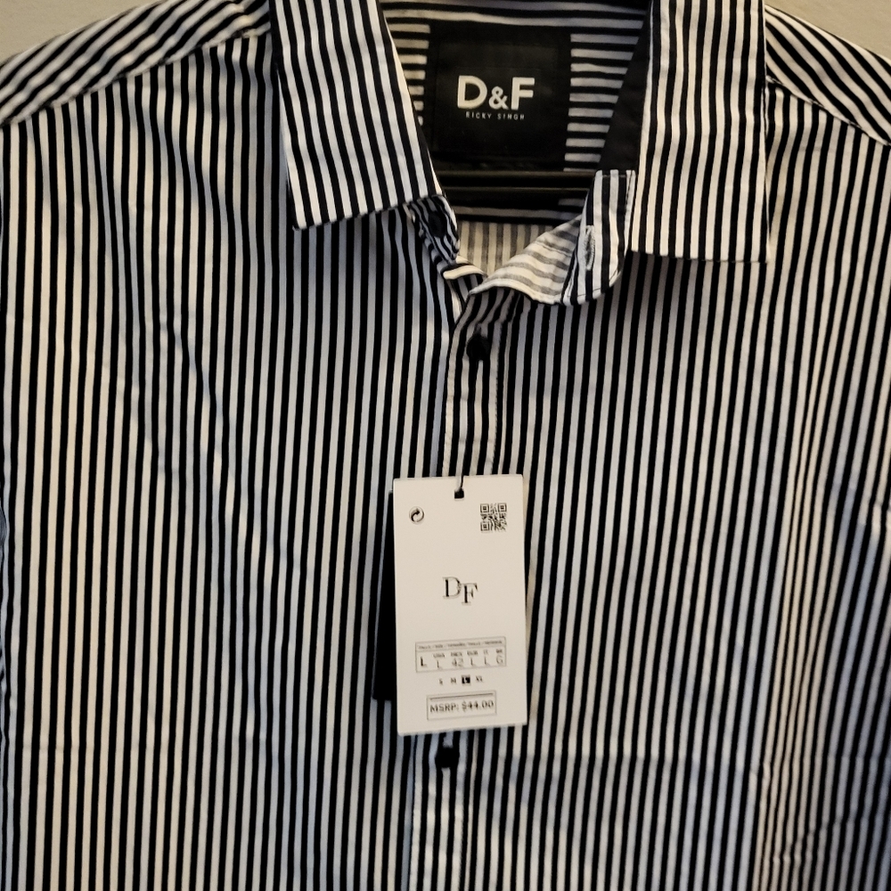 D & F Ricky Singh White & Black Striped Button Down Dress shirt